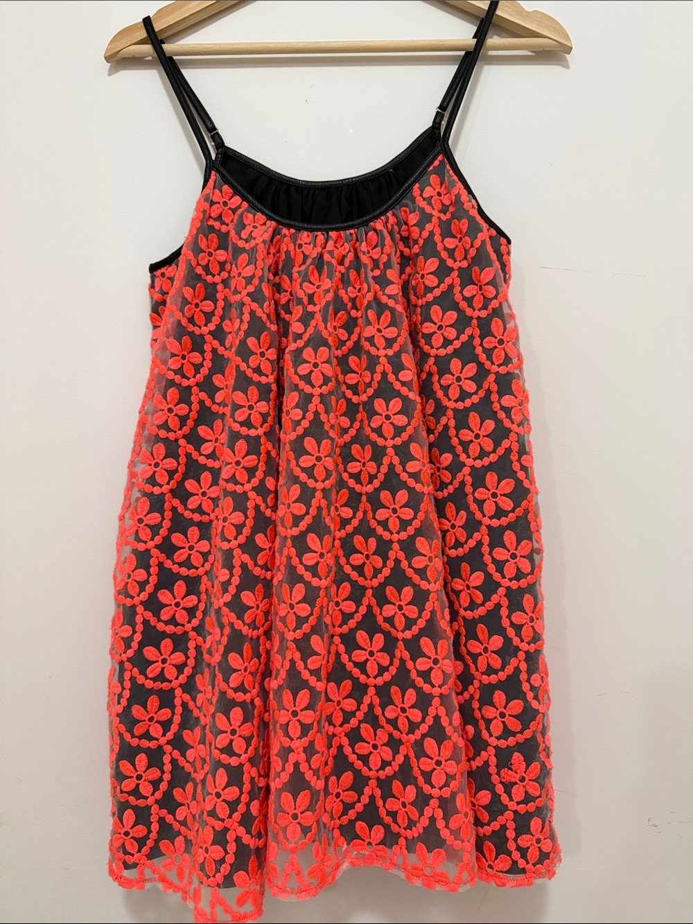 Whitney Eve Black Dress with Red Floral Lace Overlay, Adjustable Straps, Small